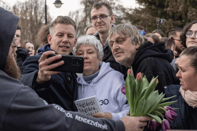 18 March 2026, Tiszaföldvár, Hungary. Péter Magyar, leader of the TISZA party, with voters.