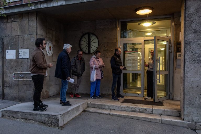 12 April 2026, Budapest, Hungary. Parliamentary election day. A queue of voters had formed outside polling stations 11 and 13 before 6 am, even before they opened.