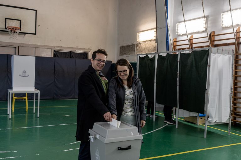 April 12, 2026, Budapest, Hungary. Election Day. Polling station No. 13. Fruzsina and András, along with their two-week-old daughter Teréz, were among the first to arrive to vote, just after 6 a.m.