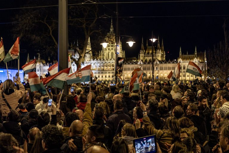 12 April 2026, Budapest, Hungary. Parliamentary election day. An evening election rally held by the TISZA party in Batthyány Square, which offers a superb view of the Parliament building. The opposition TISZA party, led by Péter Magyar, won the election, heralding a shift in Hungary’s policy towards the European Union and its stance on Russian aggression in Ukraine.