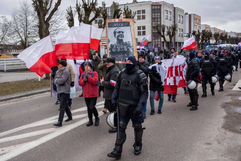 19 February 2022, Hajnówka. A nationalist march organised by Obywatele RP in honour of Romuald Rajs ‘Bury’, whose unit murdered 79 residents of nearby villages in February 1946.