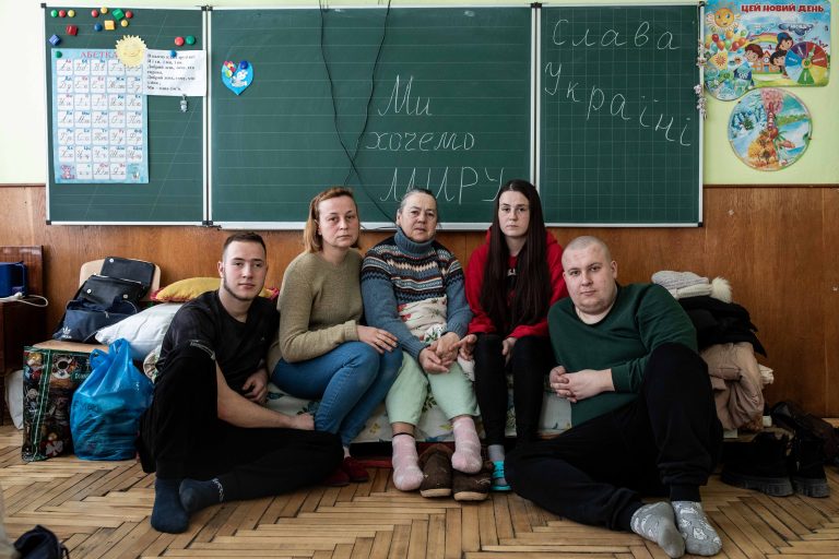 16 March 2022. Lviv. Displaced people from eastern Ukraine fleeing Russian bombardment.