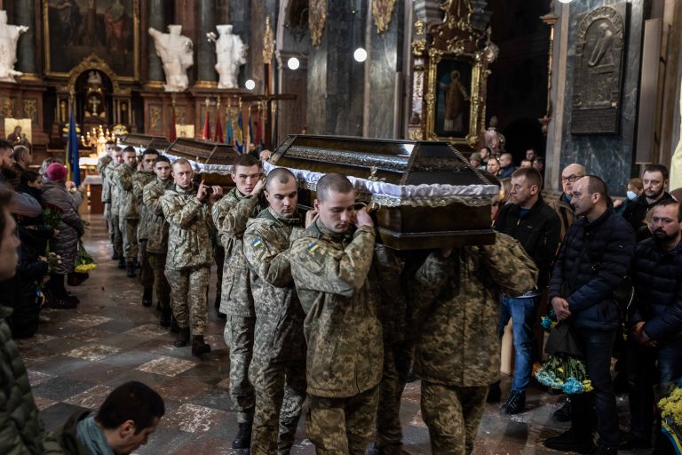 31 March 2022, Lviv. Hundreds of people gathered at the Baroque garrison church of Saints Peter and Paul to pay tribute to three soldiers (Andriy Kozichenko, Yuray Olinyk, Ihor Sarkisan) killed by Russian forces during fighting in eastern Ukraine.