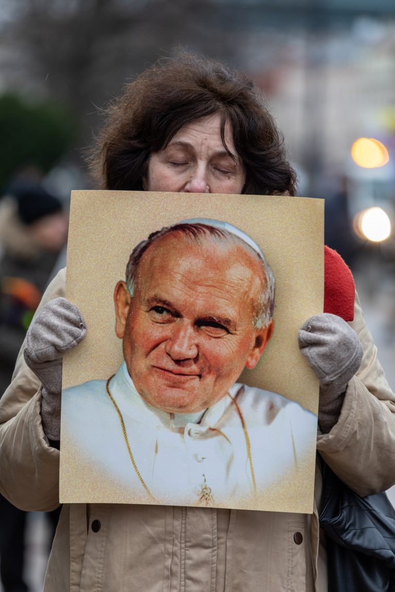 2 April 2023, Warsaw, Marszałkowska Street. The National Papal March organised by conservative Catholic groups in response to a report broadcast on TVN, which suggested that Bishop Karol Wojtyła had covered up cases of paedophilia among priests.
