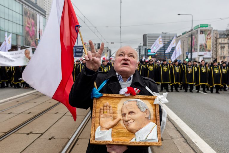 2 April 2023, Warsaw, Marszałkowska Street. The National Papal March organised by conservative Catholic groups in response to a report broadcast on TVN, which suggested that Bishop Karol Wojtyła had covered up cases of paedophilia among priests.