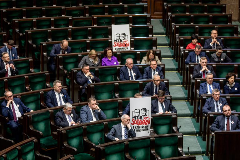 17 January 2023, Warsaw: the second sitting of the 10th term of the Sejm, one week after the arrest and imprisonment of two former PiS MPs, Mariusz Kamiński and Maciej Wąsik.