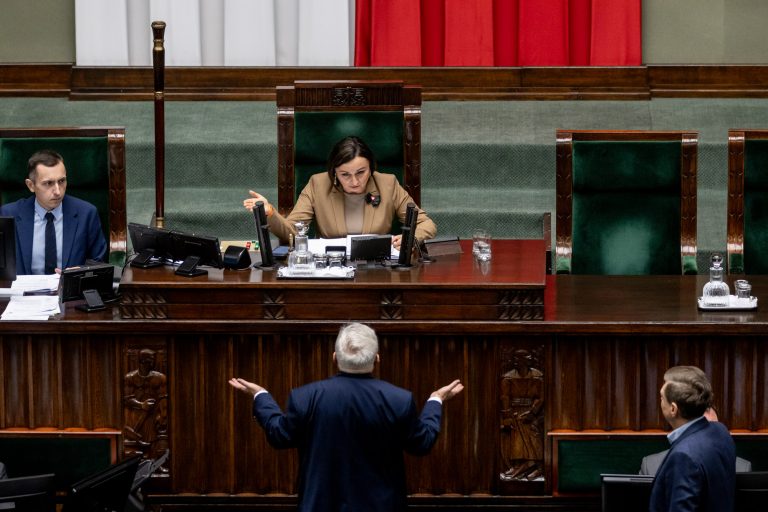 26 January 2024, Warsaw. 4th sitting of the Sejm of the Republic of Poland. Update on irregularities in the spending of funds from the Justice Fund, presented at the request of the Civic Coalition Parliamentary Group. Below: Monika Wielichowska, Deputy Speaker of the Sejm from the Civic Coalition, during a conversation with a Law and Justice MP