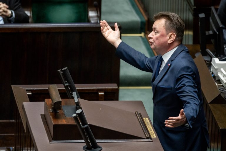 6 March 2024, Warsaw. 7th sitting of the 10th term of the Sejm. First reading of the draft resolution on addressing the consequences of the constitutional crisis of 2015–2023 and the functioning of the Constitutional Tribunal following the changes introduced by the PiS governments. Below: Mariusz Błaszczak, Member of Parliament for Law and Justice.